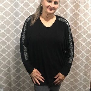 Black Sweater with Silver Greek Key Detail -one size